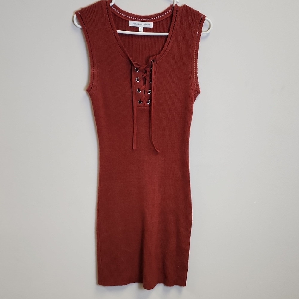 cupcakes & cashmere Rust Lace-Up Mini Dress